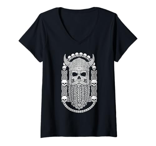 Damen Odin Wikinger Totenkopf Bart Runen nordische Symbole Valhalla T-Shirt mit V-Ausschnitt von Grandio Design Norse Viking Warrior Gifts