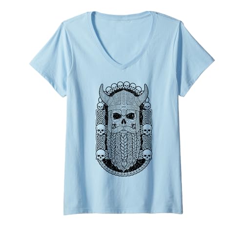 Damen Odin Wikinger Totenkopf Bart Runen nordische Symbole Valhalla T-Shirt mit V-Ausschnitt von Grandio Design Norse Viking Warrior Gifts