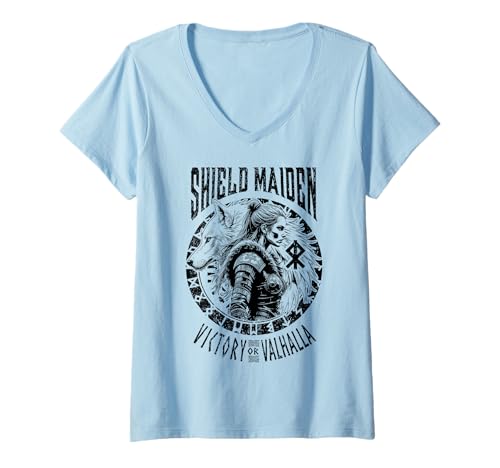 Damen Schild Maiden Victory Or Valhalla Wikingerfrau White Wolf T-Shirt mit V-Ausschnitt Damen Schild Maiden Victory Or Valhalla Wikingerfrau White Wolf T-Shirt mit V-Ausschnitt von Grandio Design Norse Viking Warrior Gifts