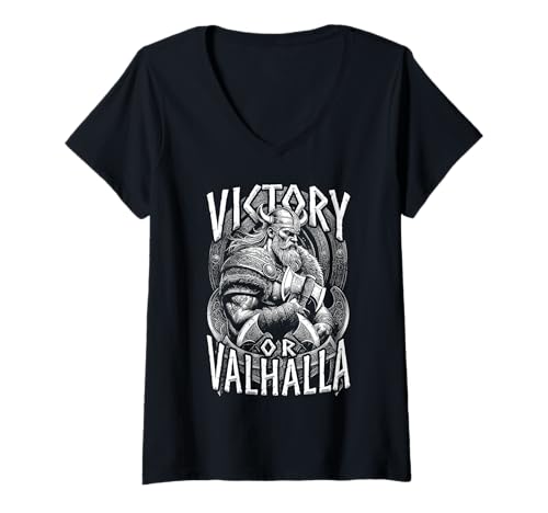 Damen Victory Or Valhalla Lustiger Wikingerkrieger, nordische Mythologie T-Shirt mit V-Ausschnitt von Grandio Design Norse Viking Warrior Gifts