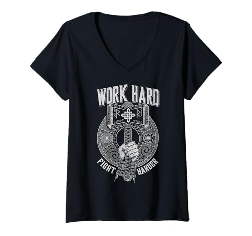 Damen Viking Hammer Arbeit Hard Fight Harder Norse Warrior Runen T-Shirt mit V-Ausschnitt von Grandio Design Norse Viking Warrior Gifts