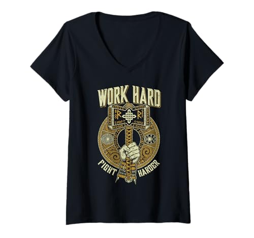 Damen Viking Hammer Arbeit Hard Fight Harder Norse Warrior Runen T-Shirt mit V-Ausschnitt von Grandio Design Norse Viking Warrior Gifts