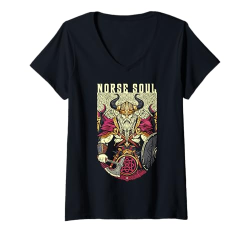 Damen Viking Warrior Norse Soul Vintage Nordic Axt Schild T-Shirt mit V-Ausschnitt von Grandio Design Norse Viking Warrior Gifts
