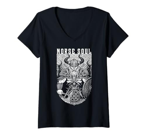 Damen Viking Warrior Norse Soul Vintage Nordic Axt Schild T-Shirt mit V-Ausschnitt von Grandio Design Norse Viking Warrior Gifts