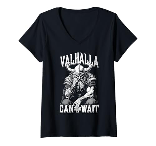 Damen Wikinger Geburtstag Valhalla Can Wait Old Age Norse Warrior Dad T-Shirt mit V-Ausschnitt von Grandio Design Norse Viking Warrior Gifts