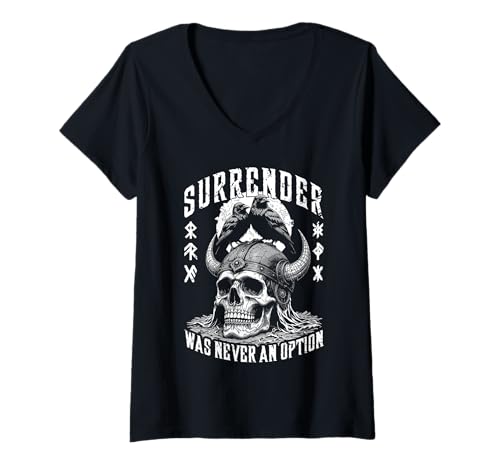 Damen Wikinger-Krieger Schädel Rabe nie kapitulieren nordische Wikinger T-Shirt mit V-Ausschnitt Damen Wikinger-Krieger Schädel Rabe nie kapitulieren nordische Wikinger T-Shirt mit V-Ausschnitt von Grandio Design Norse Viking Warrior Gifts