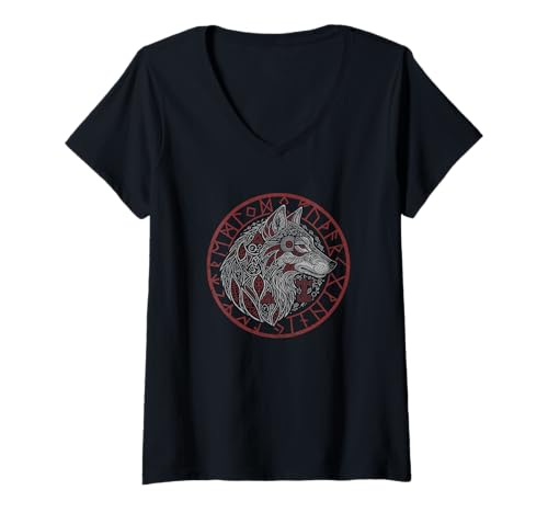 Damen Wikinger Wolf Kompass Geist Tier nordische Symbole Runen T-Shirt mit V-Ausschnitt von Grandio Design Norse Viking Warrior Gifts