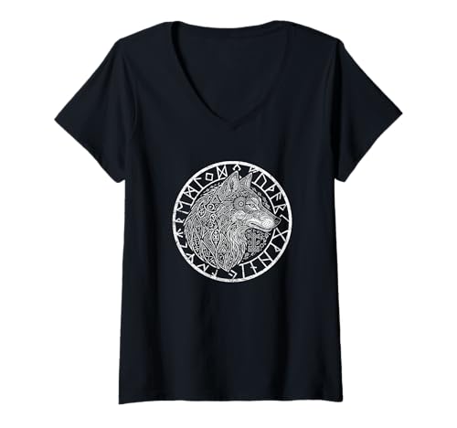 Damen Wikinger Wolf Kompass Geist Tier nordische Symbole Runen T-Shirt mit V-Ausschnitt von Grandio Design Norse Viking Warrior Gifts
