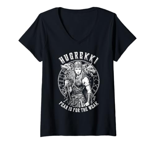 Damen Wikingerfrau Schild Maiden Courage Hugrekki Old Norse Wolf T-Shirt mit V-Ausschnitt von Grandio Design Norse Viking Warrior Gifts