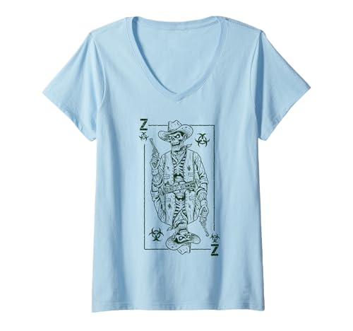 Damen Zombie Cowboy Gunslinger Halloween Poker Lustige König Karte T-Shirt mit V-Ausschnitt von Grandio Design Playing Cards Gifts