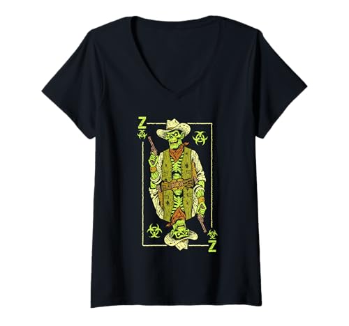 Damen Zombie Cowboy Gunslinger Halloween Poker Lustige König Karte T-Shirt mit V-Ausschnitt Damen Zombie Cowboy Gunslinger Halloween Poker Lustige König Karte T-Shirt mit V-Ausschnitt von Grandio Design Playing Cards Gifts