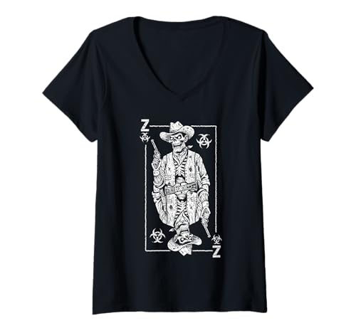 Damen Zombie Cowboy Gunslinger Halloween Poker Lustige König Karte T-Shirt mit V-Ausschnitt von Grandio Design Playing Cards Gifts