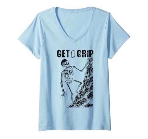 Damen Kletterer Skelett Get A Grip Halloween Kletterer T-Shirt mit V-Ausschnitt Damen Kletterer Skelett Get A Grip Halloween Kletterer T-Shirt mit V-Ausschnitt von Grandio Design Rock Climbing Climber Gifts