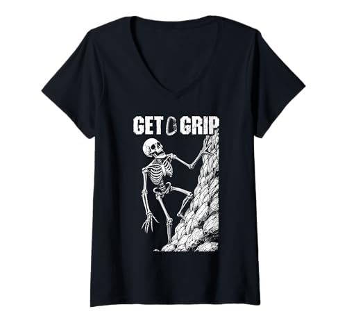 Damen Kletterer Skelett Get A Grip Halloween Kletterer T-Shirt mit V-Ausschnitt Damen Kletterer Skelett Get A Grip Halloween Kletterer T-Shirt mit V-Ausschnitt von Grandio Design Rock Climbing Climber Gifts