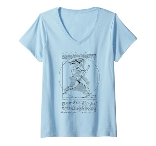 Damen Läufer Vitruvian Frau Leonardo Da Vinci Running Girl T-Shirt mit V-Ausschnitt Damen Läufer Vitruvian Frau Leonardo Da Vinci Running Girl T-Shirt mit V-Ausschnitt von Grandio Design Running Marathon Runner Training