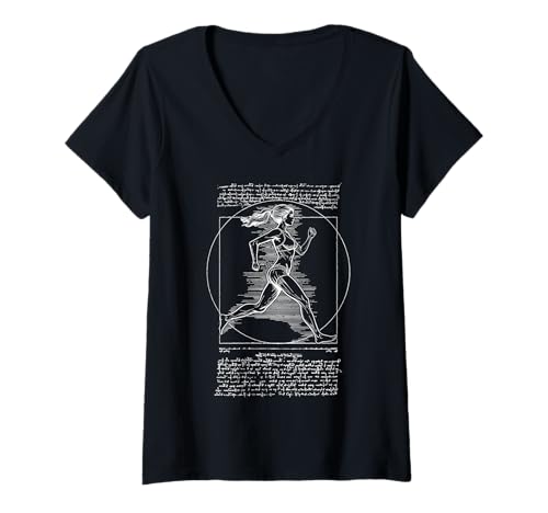 Damen Läufer Vitruvian Frau Leonardo Da Vinci Running Girl T-Shirt mit V-Ausschnitt Damen Läufer Vitruvian Frau Leonardo Da Vinci Running Girl T-Shirt mit V-Ausschnitt von Grandio Design Running Marathon Runner Training