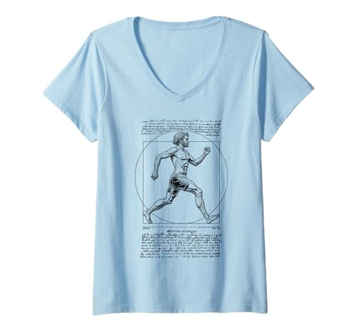 Damen Läufer Vitruvian Man Leonardo Da Vinci Vintage Running T-Shirt mit V-Ausschnitt Damen Läufer Vitruvian Man Leonardo Da Vinci Vintage Running T-Shirt mit V-Ausschnitt von Grandio Design Running Marathon Runner Training