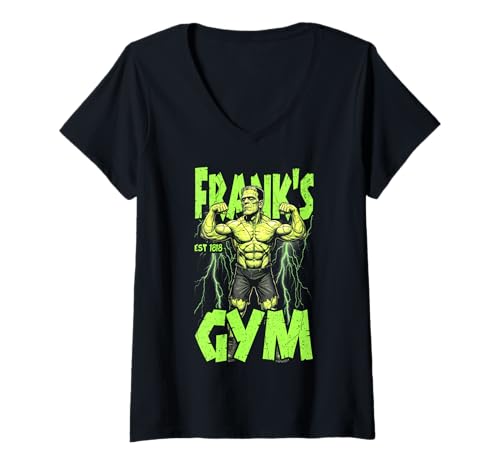Damen Frankenstein Gym Bodybuilder Pose Lustiger Halloween Muskel T-Shirt mit V-Ausschnitt von Grandio Design Sports Training And Fitness