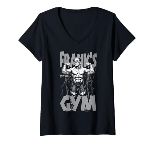 Damen Frankenstein Gym Bodybuilder Pose Lustiger Halloween Muskel T-Shirt mit V-Ausschnitt von Grandio Design Sports Training And Fitness
