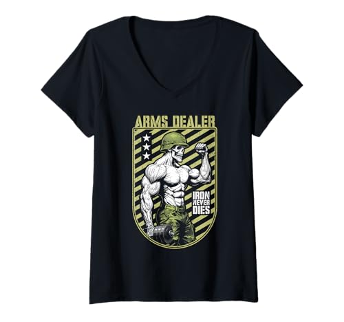 Damen Military Gym Skelett Bodybuilder Lustiger Waffenhändler Soldat T-Shirt mit V-Ausschnitt von Grandio Design Sports Training And Fitness