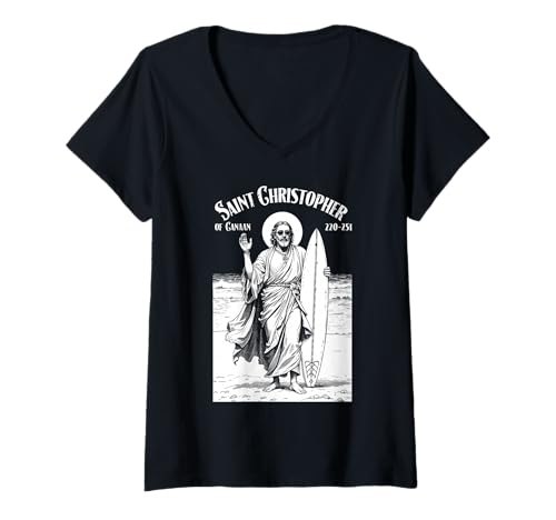 Damen Surfing Surfer Schutzpatron Saint Christopher Surfers Surfboard T-Shirt mit V-Ausschnitt Damen Surfing Surfer Schutzpatron Saint Christopher Surfers Surfboard T-Shirt mit V-Ausschnitt von Grandio Design Surfing Surfer Surf Surfboard Gifts