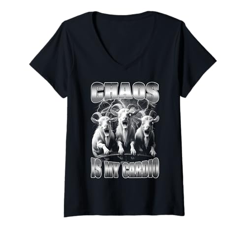 Damen Bootleg Chaos ist Mein Cardio Lustiger Zombie-Ziegen Vintage-Rap T-Shirt mit V-Ausschnitt Damen Bootleg Chaos ist Mein Cardio Lustiger Zombie-Ziegen Vintage-Rap T-Shirt mit V-Ausschnitt von Grandio Design Vintage Bootleg Rap Retro 90s 80s