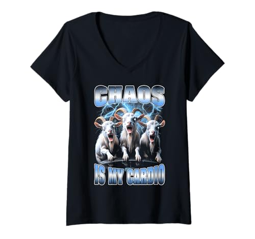 Damen Bootleg Chaos ist Mein Cardio Lustiger Zombie-Ziegen Vintage-Rap T-Shirt mit V-Ausschnitt Damen Bootleg Chaos ist Mein Cardio Lustiger Zombie-Ziegen Vintage-Rap T-Shirt mit V-Ausschnitt von Grandio Design Vintage Bootleg Rap Retro 90s 80s