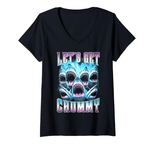 Damen Bootleg Shark Lover Lass Uns chummy Funny Vintage Sharks Holen T-Shirt mit V-Ausschnitt Damen Bootleg Shark Lover Lass Uns chummy Funny Vintage Sharks Holen T-Shirt mit V-Ausschnitt von Grandio Design Vintage Bootleg Rap Retro 90s 80s