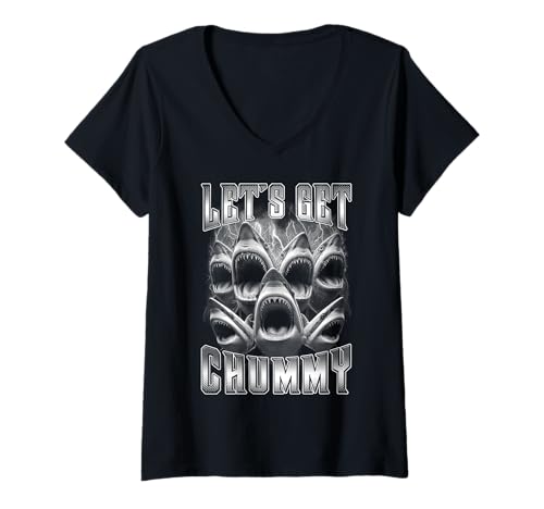 Damen Bootleg Shark Lover Lass Uns chummy Funny Vintage Sharks Holen T-Shirt mit V-Ausschnitt Damen Bootleg Shark Lover Lass Uns chummy Funny Vintage Sharks Holen T-Shirt mit V-Ausschnitt von Grandio Design Vintage Bootleg Rap Retro 90s 80s
