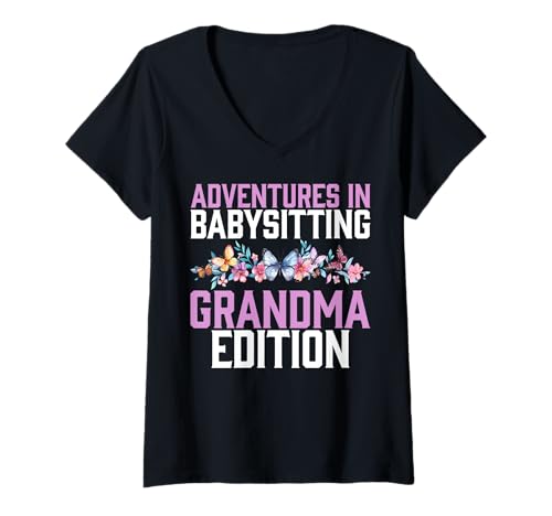 Damen Adventures in Babysitting Grandma Edition Grandma T-Shirt mit V-Ausschnitt Damen Adventures in Babysitting Grandma Edition Grandma T-Shirt mit V-Ausschnitt von Grandma Gifts