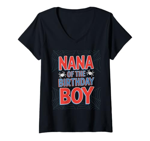 Damen Lustiger Spruch Nana of The Birthday Boy Spider Theme Grandma T-Shirt mit V-Ausschnitt von Grandma Party Costume Web Celebration Women Mom