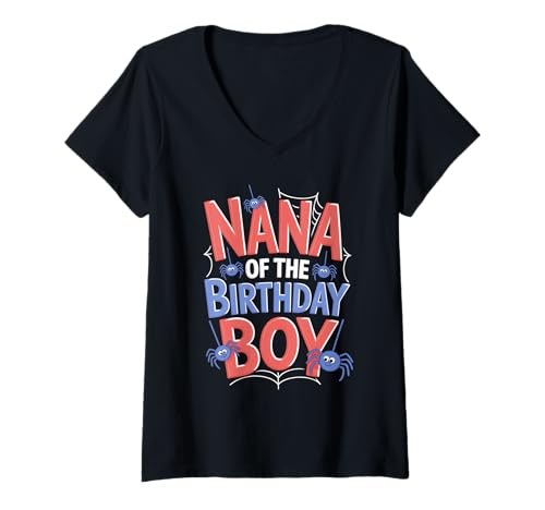 Damen Lustiger Spruch Nana of The Birthday Boy Spider Theme Grandma T-Shirt mit V-Ausschnitt von Grandma Party Costume Web Celebration Women Mom
