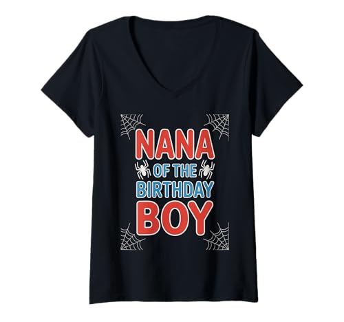 Damen Lustiger Spruch Nana of The Birthday Boy Spider Theme Grandma T-Shirt mit V-Ausschnitt Damen Lustiger Spruch Nana of The Birthday Boy Spider Theme Grandma T-Shirt mit V-Ausschnitt von Grandma Party Costume Web Celebration Women Mom