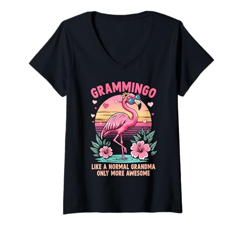 Damen Gramingo Flamingo Oma Floral Retro Damen T-Shirt mit V-Ausschnitt Damen Gramingo Flamingo Oma Floral Retro Damen T-Shirt mit V-Ausschnitt von Grandma flamingo retro