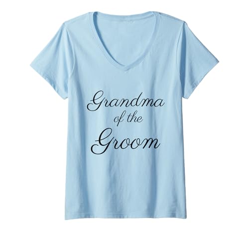 Damen Großmutter des Bräutigams, Hochzeit und Brautparty, Schwarze Schrift T-Shirt mit V-Ausschnitt von Grandma of the Groom Wedding Shirts