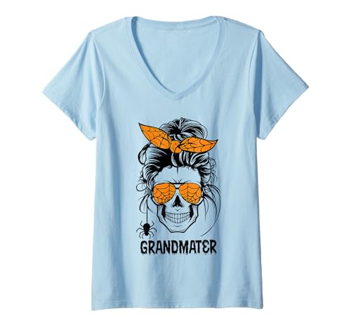 Damen Lustiger Haarknoten für Großmutter, Halloween, Totenkopf T-Shirt mit V-Ausschnitt von Grandmater Halloween Costume Skull GrandMother