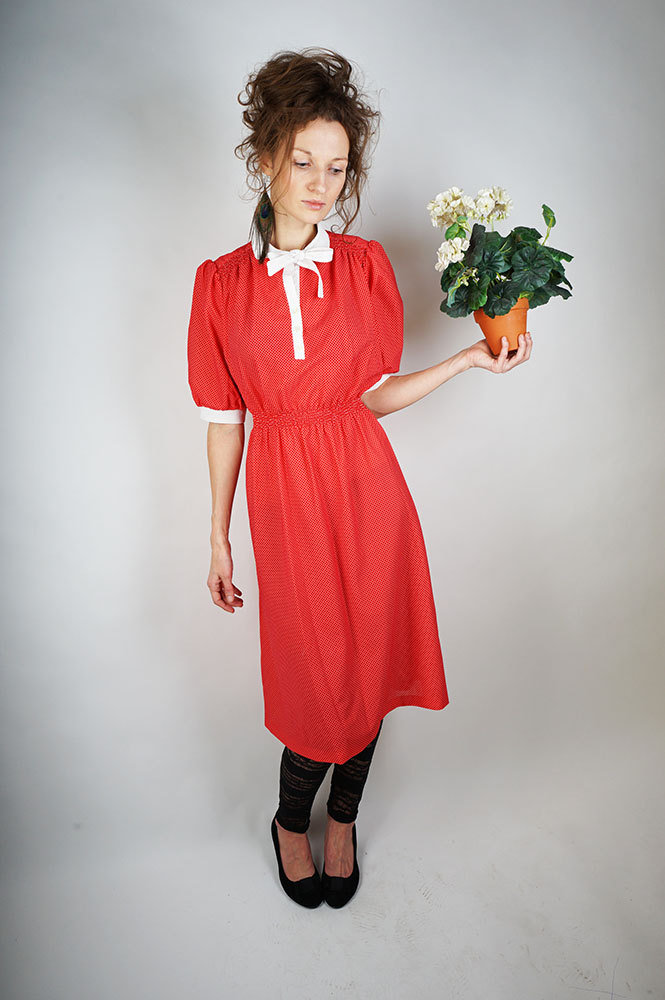 80Er Vintage Rotes Polka Dot Midi Kleid - Size L von GrandpasParty