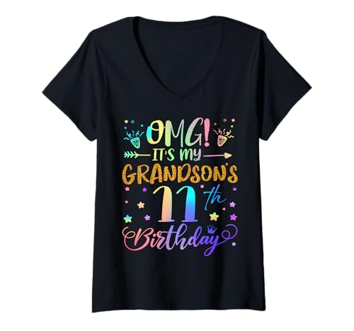 Damen OMG Es ist der 11. Geburtstag meines Enkels Sweet 11 Jahre alt T-Shirt mit V-Ausschnitt Damen OMG Es ist der 11. Geburtstag meines Enkels Sweet 11 Jahre alt T-Shirt mit V-Ausschnitt von Grandson 11th Bday Tie Dye Grandparent