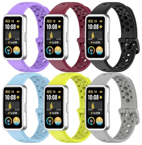 Silikon Uhrenarmbänder kompatibel mit Huawei Band 8/9 NFC / 10/10 NFC / 8 NFC, Gebürstete Edelstahl Schnalle NO250829 (D [Pack of 6]) von Gransho