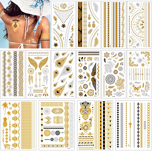 14 Blätter Metallic temporäre Tattoos Set, Tätowierung Wasserdicht Metallic Temporäre Tattoo, Flash Tattoos in Gold Silber schwarz für Frauen Jugendliche Mädchen Body Art von Grantop