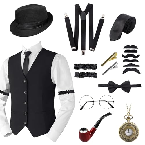 1920er Herren Zubehör Gatsby Gangster Kleidung Kostüm Cosplay Outfit,20er Kostüm Zubehör Set,Hut, Taschenuhr, Metallbrille, Hosenträger Kostüm Herre 20er für Mann Halloween Cosplay (Schwarz, M) von Grantop