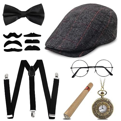 1920s Jahre Herren Accessoires, 20er Gangster Kostüm, Herren Accessoires Mafia Gatsby Kostüm Set, Panama Hut Elastisch Hosenträger Schnurrbart Taschenuhr Zigarre (Schwarz Zigarre) von Grantop