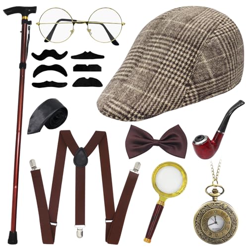 1920s Jahre Herren Accessoires, 20er Jahre Kostüm Herren Accessoires, Herren Accessoires Mafia Gatsby Kostüm Set, Faltbarer Krücken Metall, Panama Hut Elastisch Hosenträger Schnurrbart (Braun) von Grantop