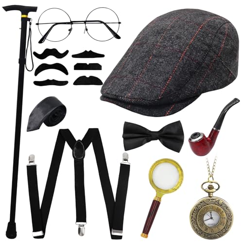 1920s Jahre Herren Accessoires, 20er Jahre Kostüm Herren Accessoires, Herren Accessoires Mafia Gatsby Kostüm Set, Faltbarer Krücken Metall, Panama Hut Elastisch Hosenträger Schnurrbart (Schwarz) von Grantop