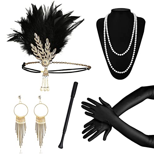 1920s Kostüm Damen Flapper Accessoires Set, Gold 20er Jahre Accessoires Flapper Great Gatsby Accessoires, 1920er Jahre Zubehör mit Stirnband Ohrringe Halskette Handschuhe Zigarettenstange von Grantop