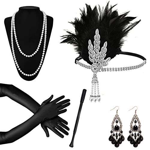 1920s Kostüm Damen Flapper Accessoires Set, Silber 20er Jahre Accessoires Flapper Great Gatsby Accessoires, 1920er Jahre Zubehör mit Stirnband Ohrringe Halskette Handschuhe Zigarettenstange von Grantop