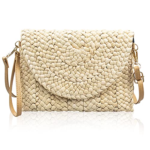 Grantop Damen Stroh Clutch Geldbörse Strand Schulter Tote Handtasche mit Verstellbarem Riemen Natürlich Handgefertigt Gewebt Stroh Schultertasche Sommer Geldbörse Tasche für Abend Party, beige, One von Grantop