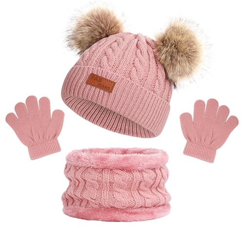 Grantop Kinder Wintermütze Handschuhe Schal Set,Handschuhe runder Schal Set Kinder Mütze Schal Set,Doppel Pompon Warme Winter Beanie Hut,Strickmütze Winterhandschuhe Set für Kinder 1-5 Jahre von Grantop