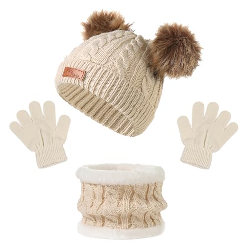 Grantop Kinder Wintermütze, Handschuhe und Schal Set - Doppel Pompon Warme Winter Beanie Hut, Strickmütze Winterhandschuhe für 1-5 Jahre von Grantop
