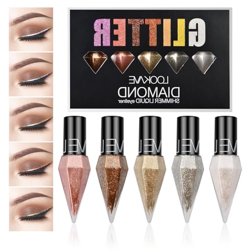 5 Farben Diamant Flüssiger Eyeliner Glitzer Set, Langlebiger Wasserdichter Sparkling Eyeliner Set, Metallic Schimmer Liquid Eyeliner, Glitzernder Lidschatten Set für Makeup Festival Party (A) von Granvoo
